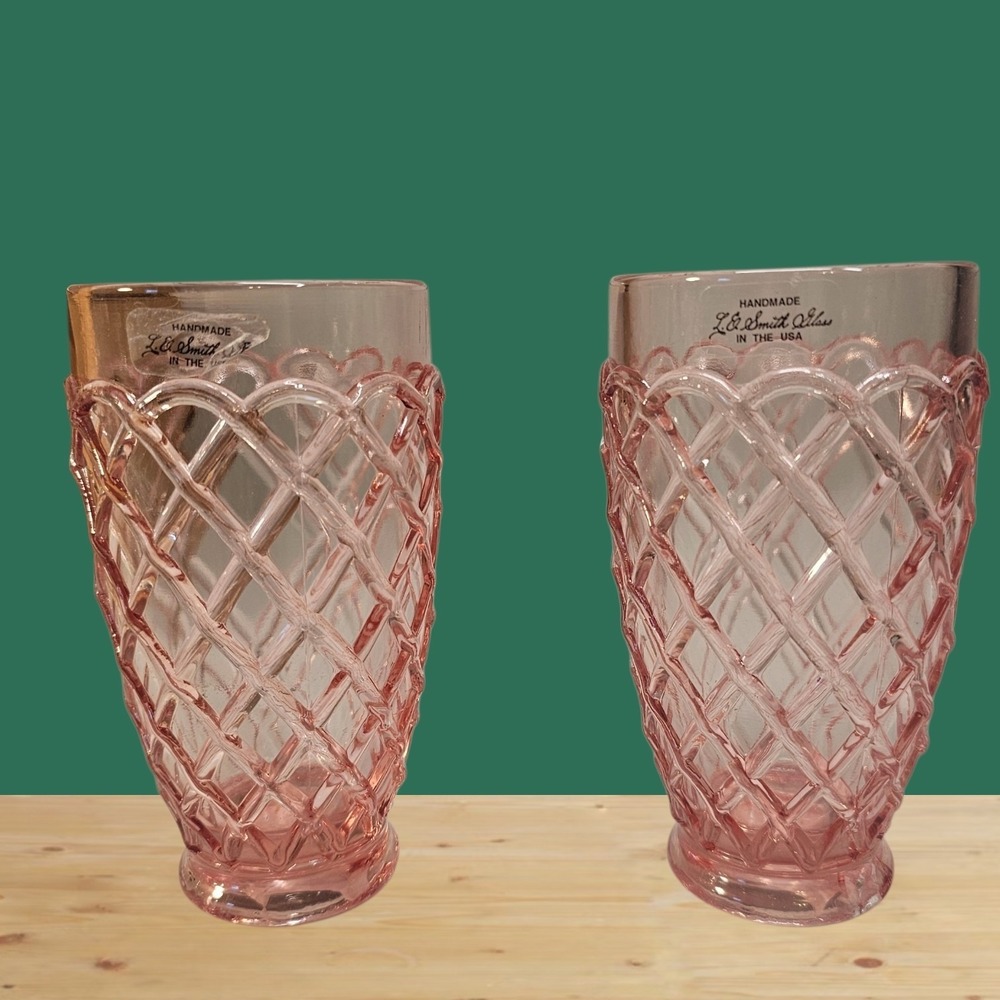 Vintage L.E. Smith Pink Glass Tumblers 5.5" Trellis Diamond Pattern Pair